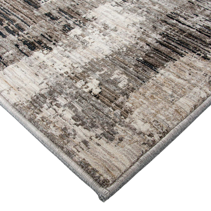 Close-up of a textured area rug with neutral colors on a white background