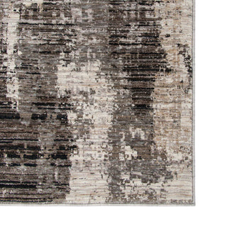 Patterned rug with brown, black, and beige colors on a white background