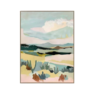 Abstract landscape wall art with soft pastel tones of blue, green, and beige, framed in natural wood.