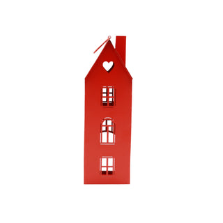 Red house-shaped ornament with a heart on a white background
