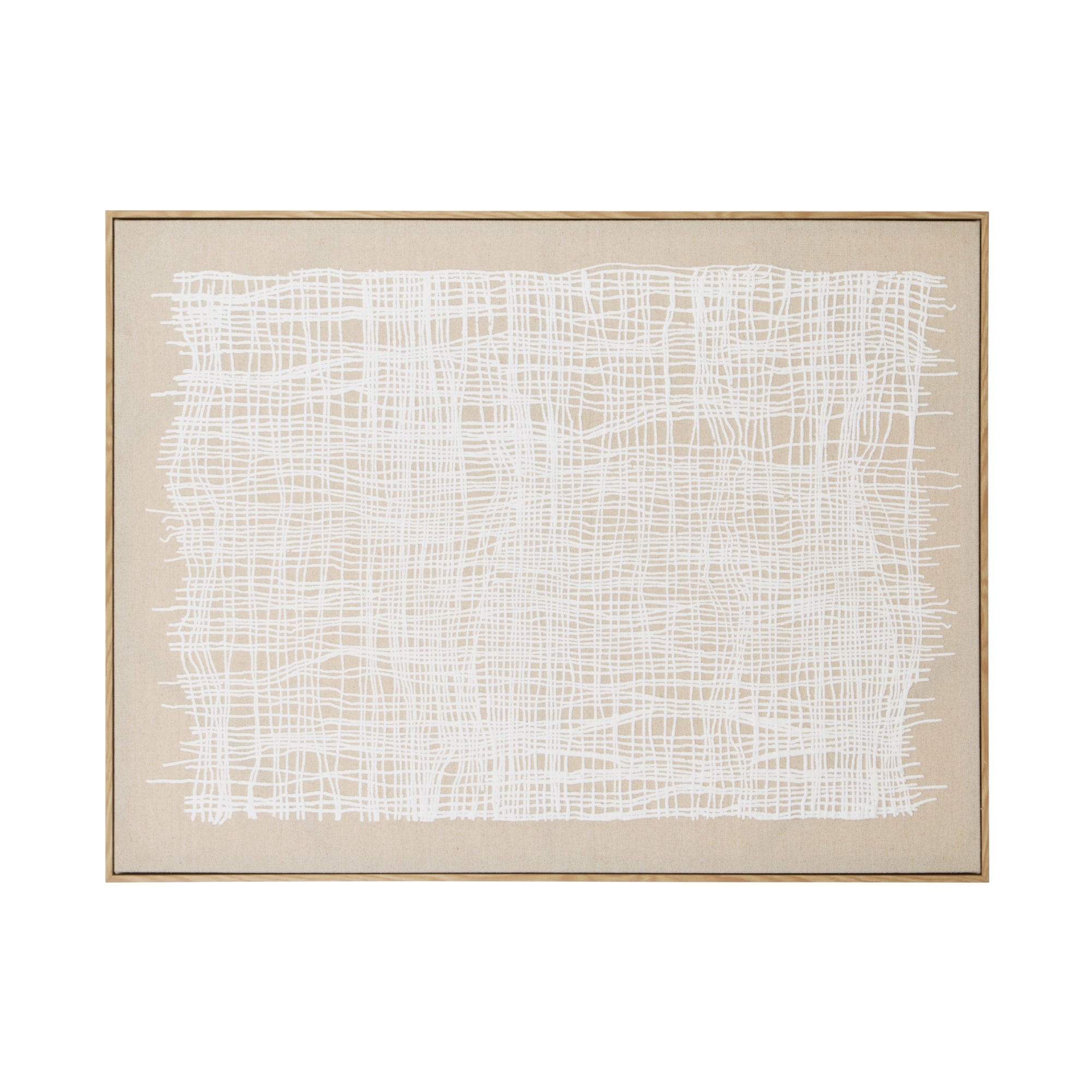 Abstract art piece with white lines on a beige background, framed in gold.