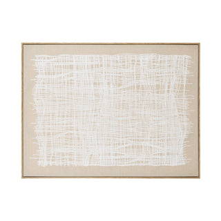 Abstract art piece with white lines on a beige background, framed in gold.