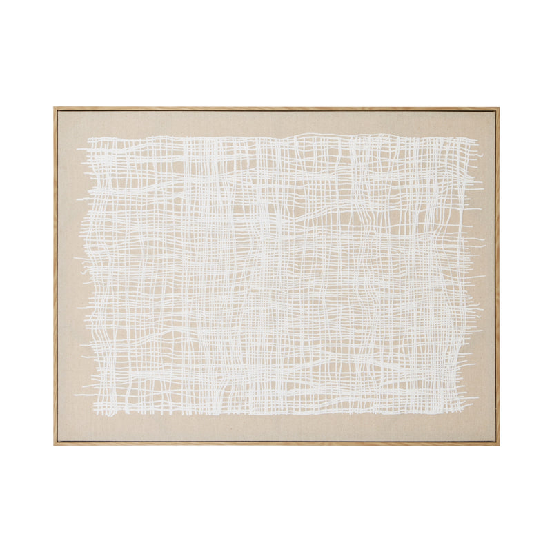 Abstract art piece with white lines on a beige background, framed in gold.
