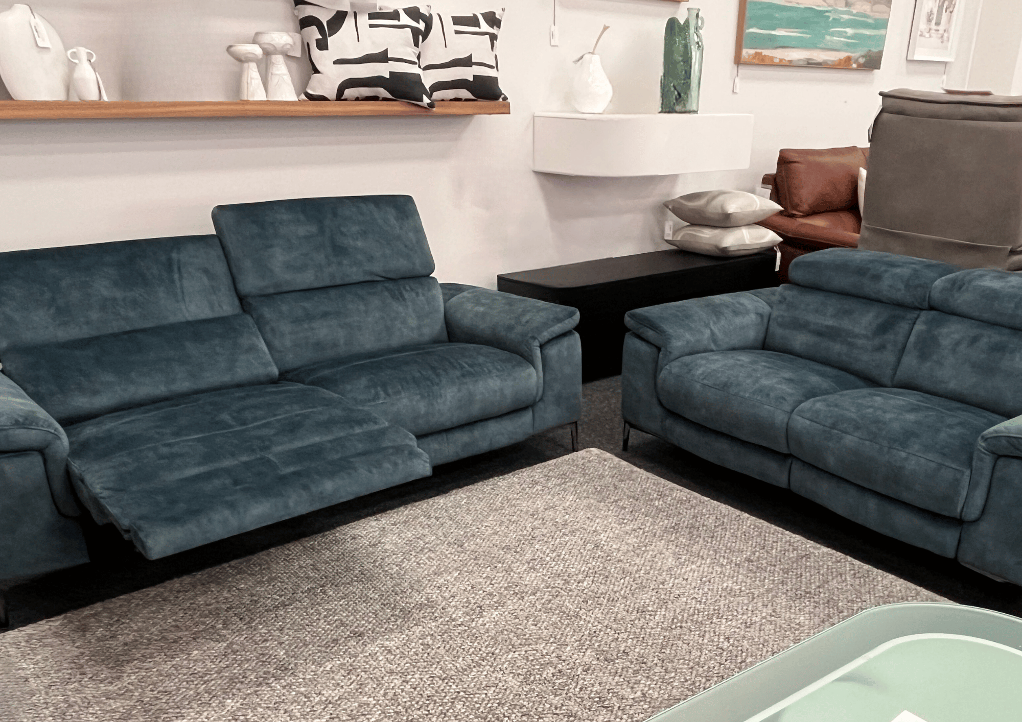 Marley Indigo Velvet Lounge Suite with electric adjustable headrests and electric recliners.