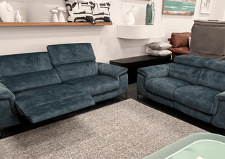 Marley Indigo Velvet Lounge Suite with electric adjustable headrests and electric recliners.