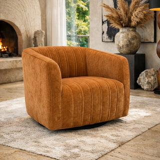 Styled image of a swivel chair in biscuit coloured fabric