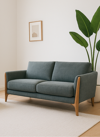 Gray sofa in a living room with a plant and framed picture on the wall.