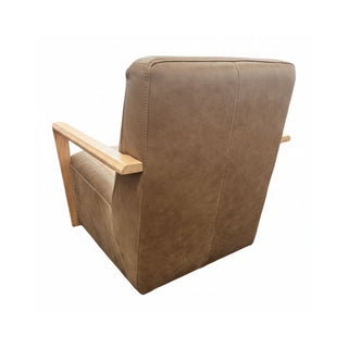 Brown leather armchair with wooden armrests on a white background