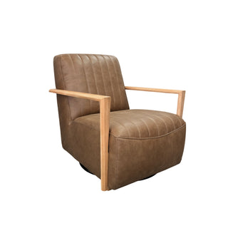Brown leather armchair with wooden arms on a white background