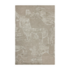 Beige area rug with abstract patterns on a white background