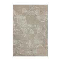 Beige area rug with abstract patterns on a white background