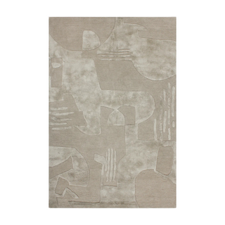 Beige area rug with abstract patterns on a white background