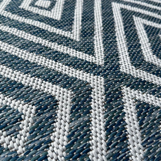 Close-up of a blue and white geometric patterned rug