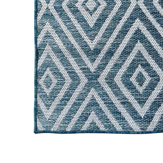 Blue and white geometric patterned rug on a white background
