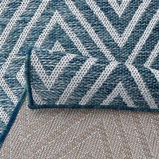 Close-up of a blue and white geometric patterned rug.