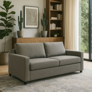 Gray sofa in a living room with plants and a bookshelf.