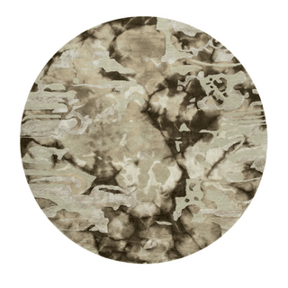 Round rug with a tie-dye pattern in beige, brown, and gray on a white background