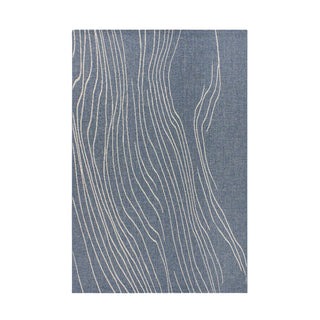 Blue rug with white wavy lines on a white background