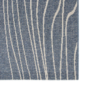Close-up of a blue and white striped rug