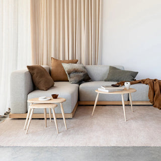 Modern living room with a gray sofa, wooden coffee table, and decorative pillows.