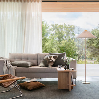 Modern living room with a gray sofa, wooden coffee table, and floor lamp.