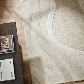Textured beige rug on a wooden floor with a book and decorative item.