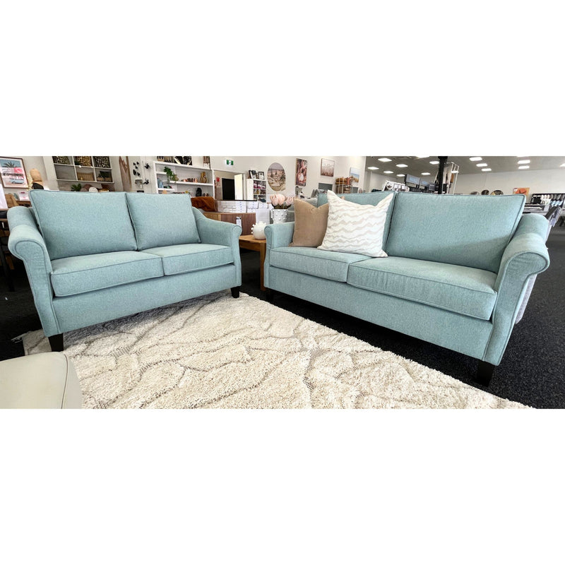 Flora Lounge Suite with Rolled Arms in Aston Seafoam fabric