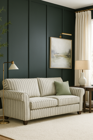 Living room with a striped sofa, green cushions, and decorative wall art.