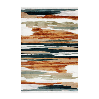 Abstract striped rug with brown, blue, and beige colors on a white background