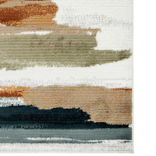 Close-up of a textured area rug with horizontal stripes in brown, beige, and white.