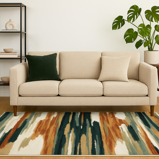 Beige sofa with decorative pillows on a colorful rug in a living room setting.