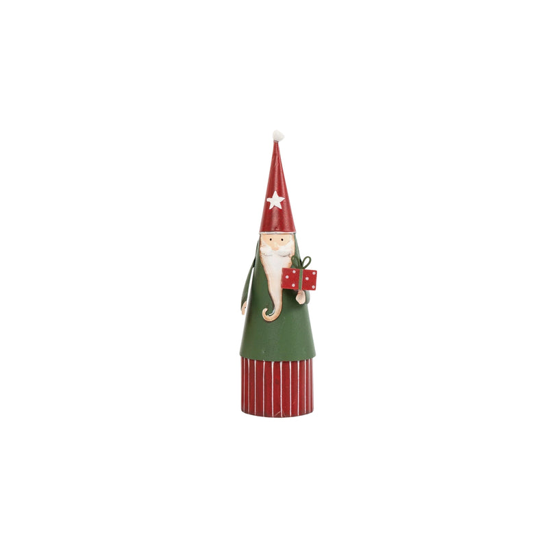 Small metal Santa figurine with red hat and green coat holding a present