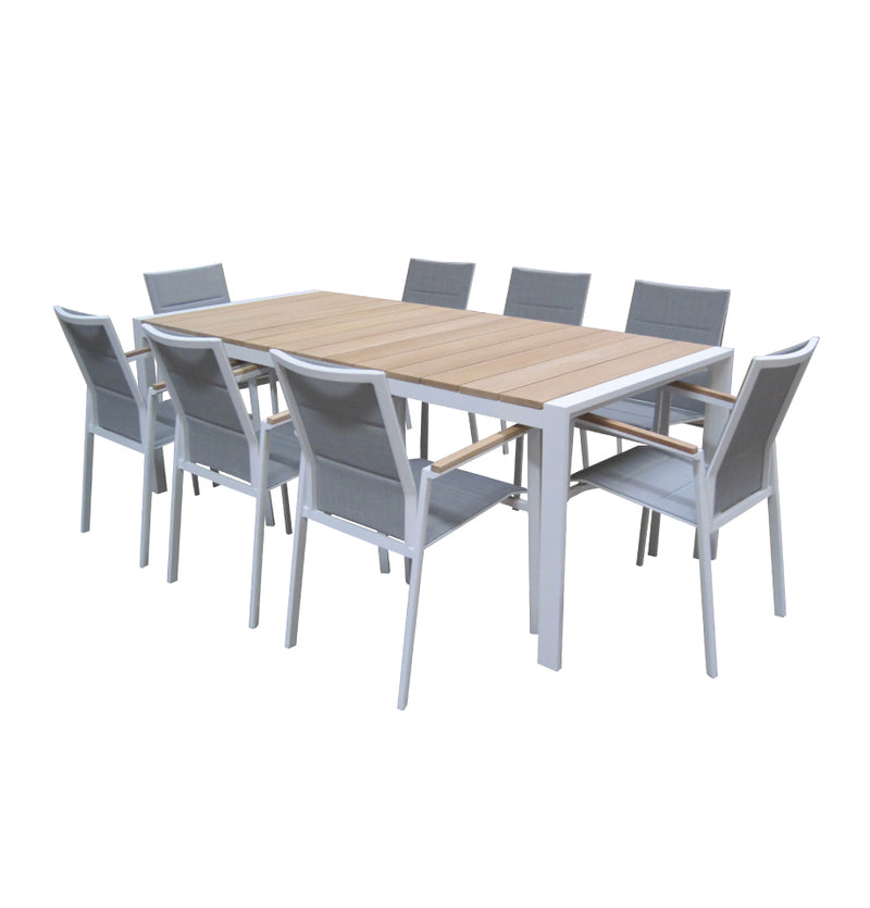 Copenhagen 2200x1000 9pce Outdoor Set - White Powdercoated Aluminium + Teak