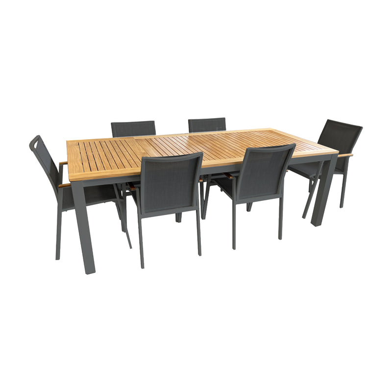 Cairo/Grove 7Piece Extendable Outdoor Dining Set in Charcoal Powder Coated Aluminium with a Teak Table Top