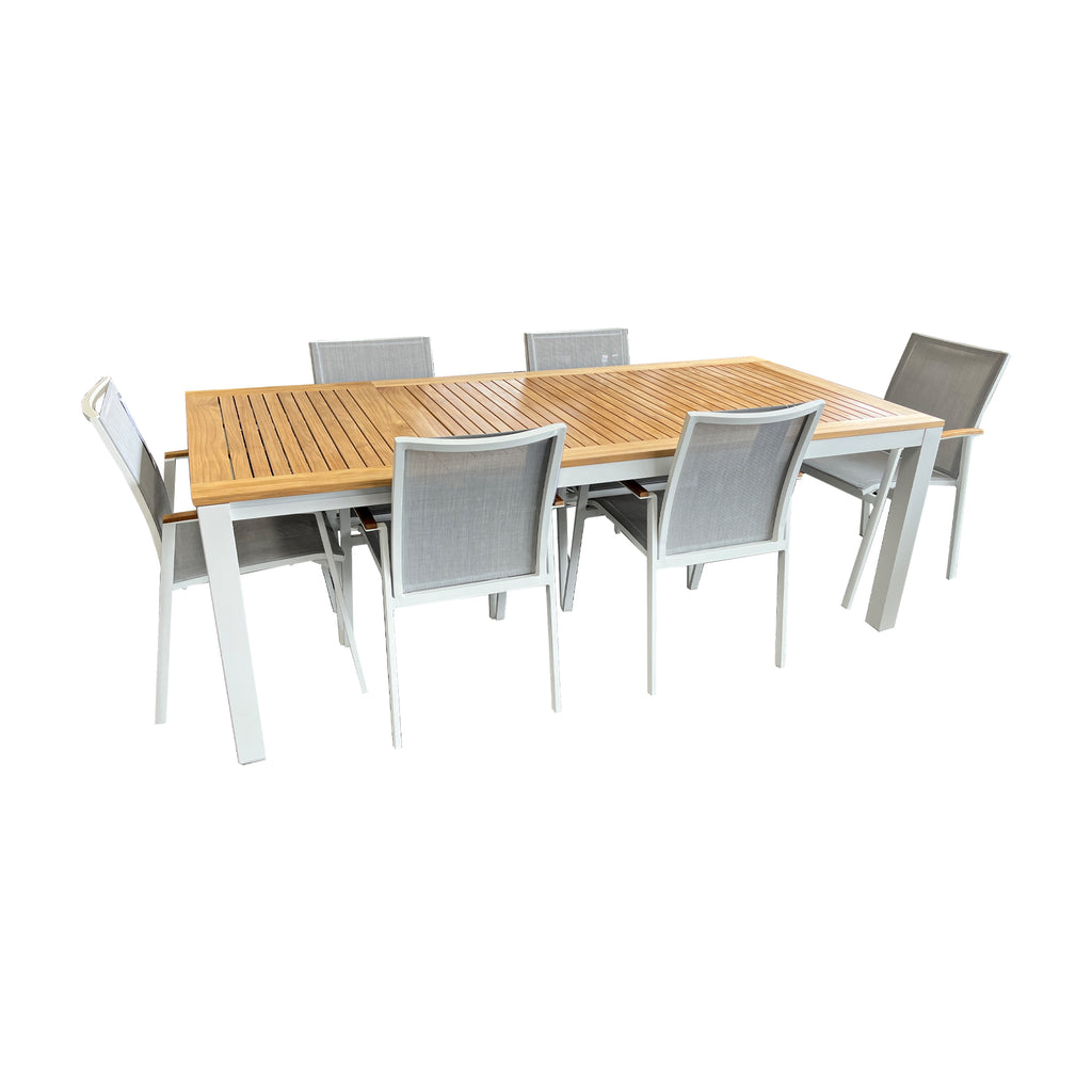 Cairo/Grove 7Piece Extendable Outdoor Dining Set in White Powder Coated Aluminium with a Teak Table Top