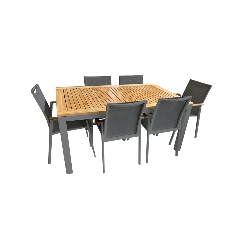 Cairo/Grove 7Piece Extendable Outdoor Dining Set in Charcoal Powder Coated Aluminium with a Teak Table Top