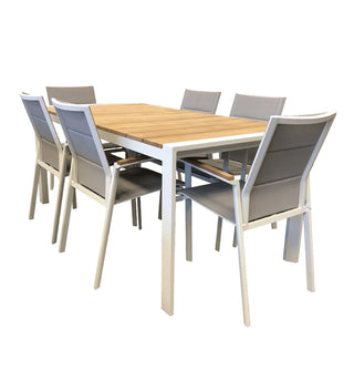 COPENHAGEN 7PCE OUTDOOR SETTING - WHITE POWDERCOATED ALUMINIUM + TEAK