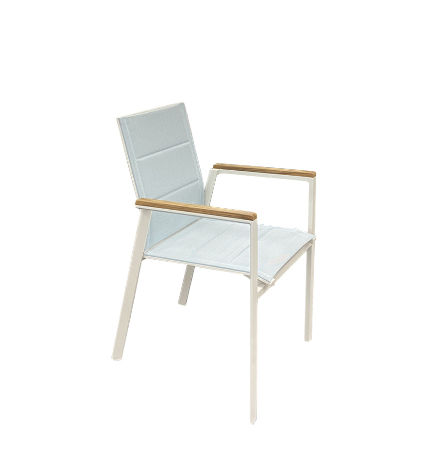 Copenhagen Outdoor Dining Chair - White Powder Coated Aluminium & Aqua Batyline Fabric with Teak Arm