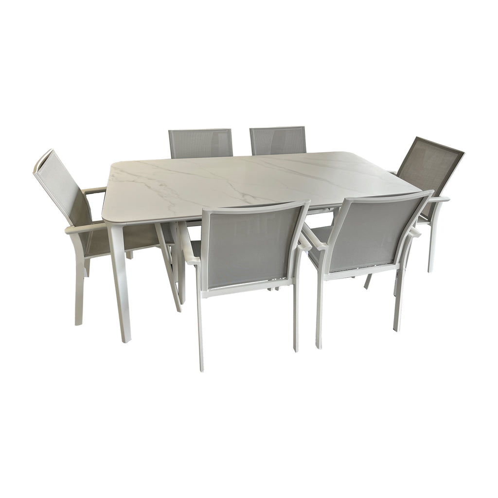 Faro/Como Outdoor Dining Set 7 piece white aluminium with Ceramic Table Top