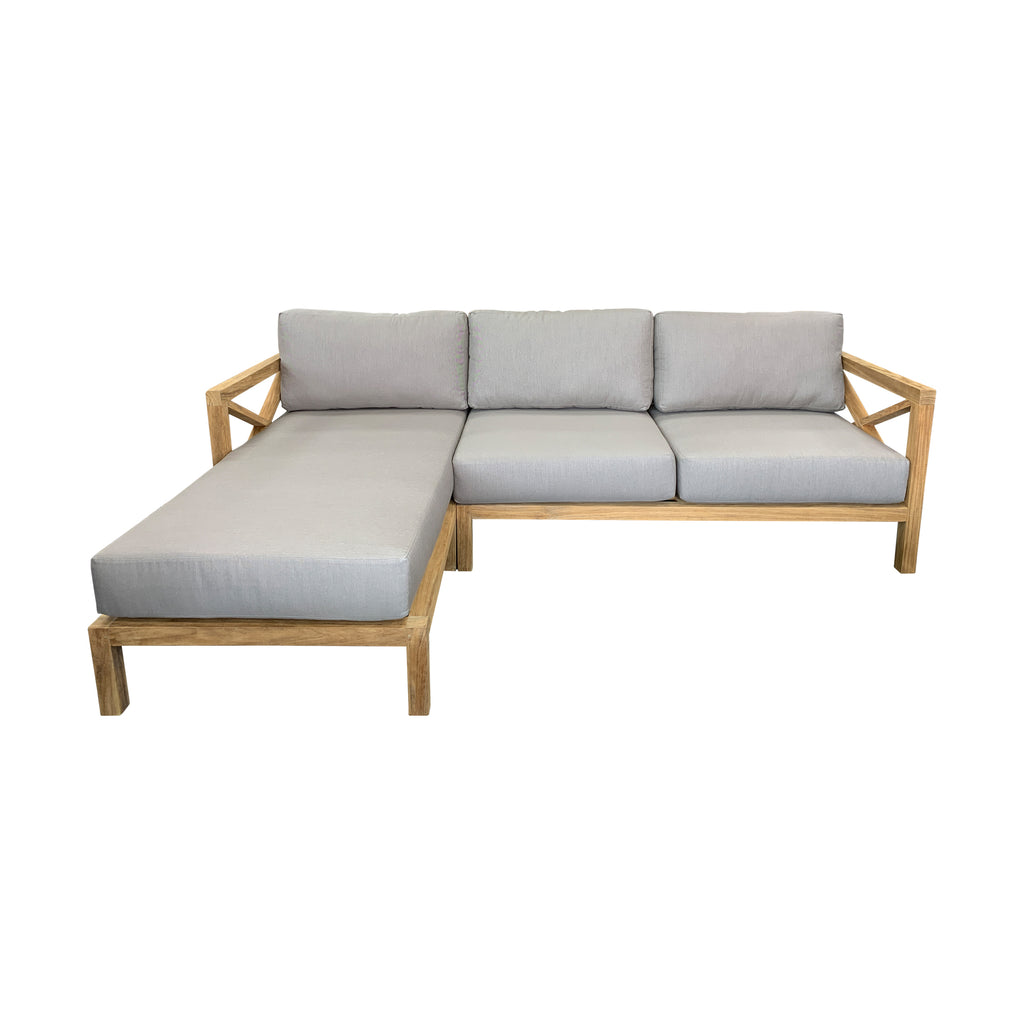 Hampton Corner Outdoor Sofa - Solid Teak with Sunbrella Grey fabric cushions
