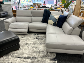 Marley 2pc Sofa Chaise - 3 Seater Left with Electric Recliner + Corner Extension Chiase Right - Urban Sofa Cat 16 Light Grey Full Grain Leather