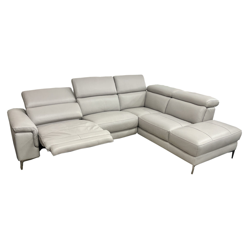 Marley 2pc Sofa Chaise - 3 Seater Left with Electric Recliner + Corner Extension Chiase Right - Urban Sofa Cat 16 Light Grey Full Grain Leather