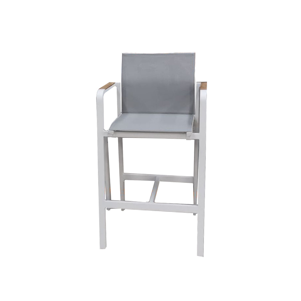 Park Outdoor Bar Chair in White Aluminium with Teak Armrest insert
