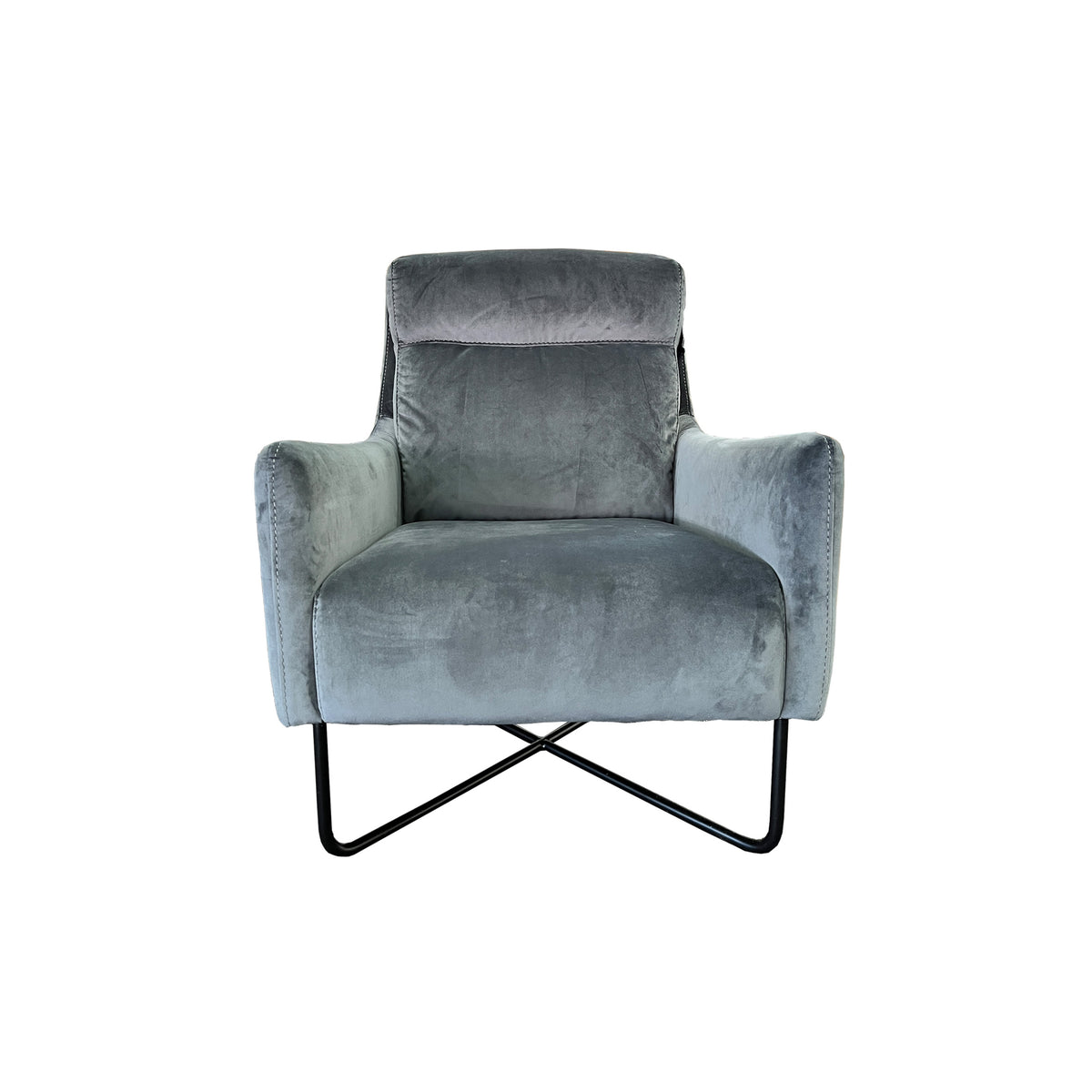 Trento Occasional Chair in Steel Grey Velvet fabric with chrome black legs