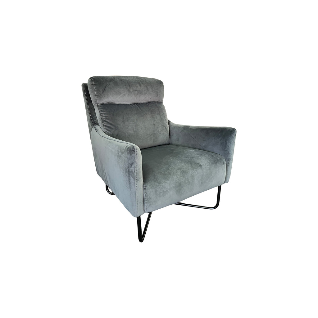 Trento Occasional Chair in Steel Grey Velvet fabric with chrome black legs