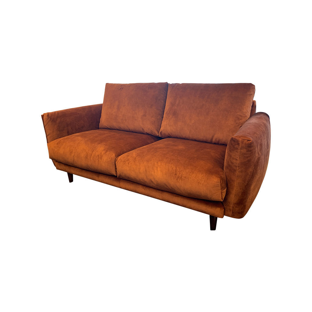 Gatsby fabric suite - Rust with timber leg - 2 seater sofa side view