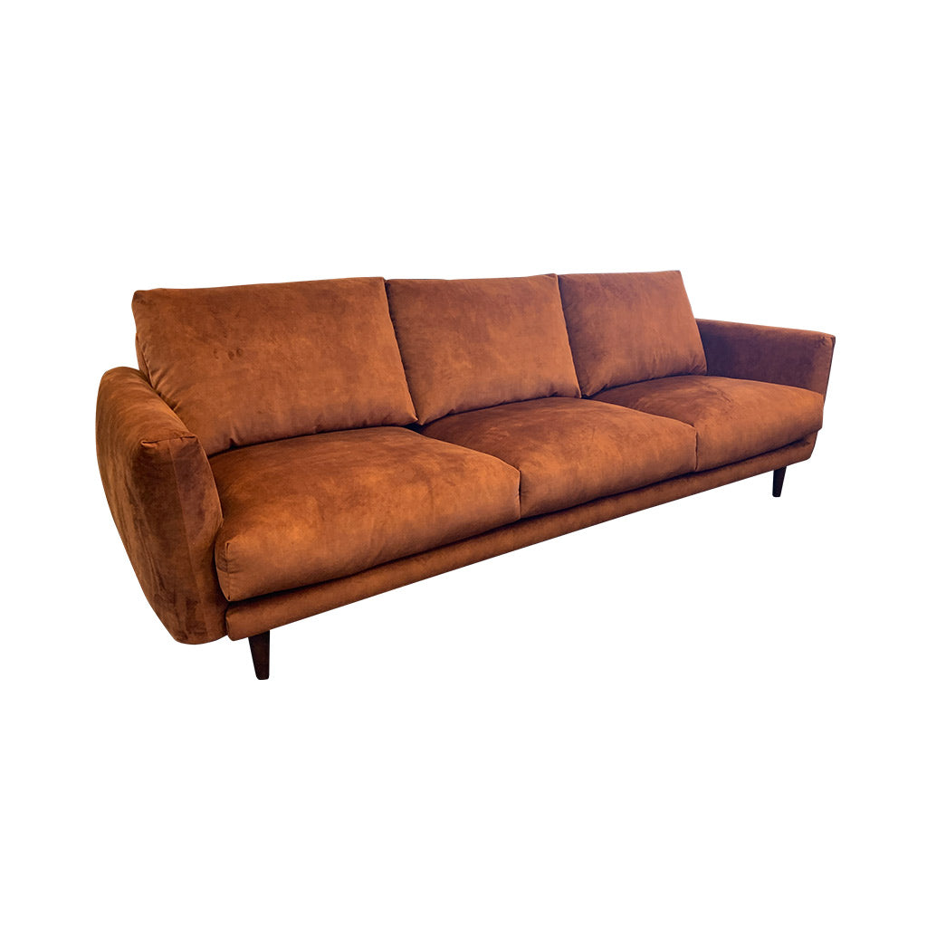 Gatsby fabric suite - Rust with timber leg - 3 seater sofa side view