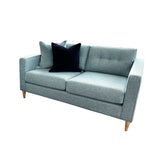 Prague 2.5 seater sofa in duck egg blue with square arms, buttoned backs and piping.