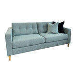 Prague 3 seater sofa in duck egg blue with square arms, buttoned backs and piping.