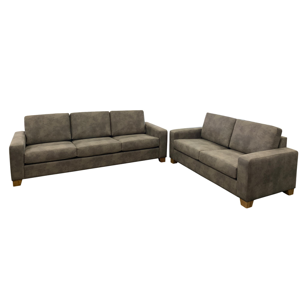 Stevo 3.5 seater  and 2.5 seater NZ made sofa in mid-grey Eastwood Dove fabric.